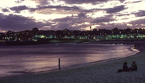 The beach at dusk, the sand emptying out and the lit windows of the apartment blocks along the headland showing against the darkening sky.
