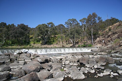 Dights Falls crossing the Yarra in a low stone weir, water sheeting over basalt boulders below a cliff of exposed rock and river gums.