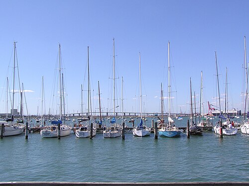 Masted yachts anchored in the harbour with the West Gate Bridge on the horizon.
