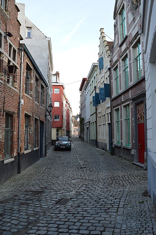 The Hertogstraat, one car parked on the cobbles, blue shutters and green window frames along the right, and a red rendered apartment building at the far end.