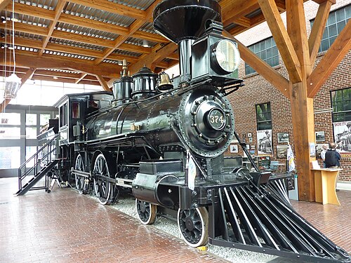 Engine No. 374, the locomotive that pulled Vancouver's first passenger train in 1887, on display inside the Roundhouse's timber framed pavilion.