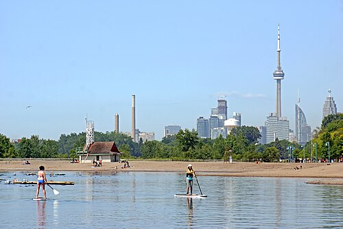 Paddleboarders on Lake Ontario off the beach, a lifeguard station on the sand and the downtown Toronto skyline, including the CN Tower, in the distance.