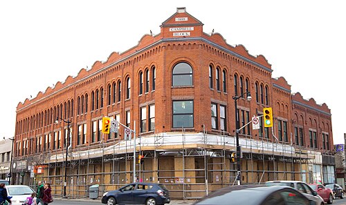 The Campbell Block at Keele and Dundas Streets, a three storey red brick building with a scrolled roofline reading Campbell Block 1888, scaffolded for repairs at street level.