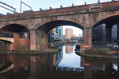 A single brick viaduct arch frames the canal basin, a narrowboat moored beneath a no mooring sign and coloured modern flats visible through the arch.