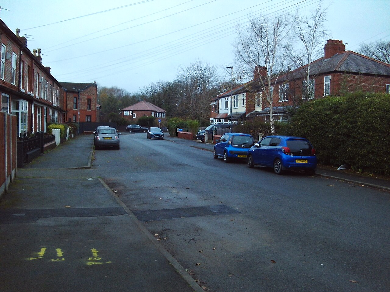 Hackness Road, a tree lined side street with bay windowed Victorian terraces on one side and red brick 1930s semis with hedged front gardens on the other, cars parked along both kerbs.