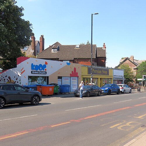 A single storey modern shopfront for a fried chicken takeaway and a grocery, painted signs and wheelie bins out front, with older bay windowed terraced houses and chimneys behind.