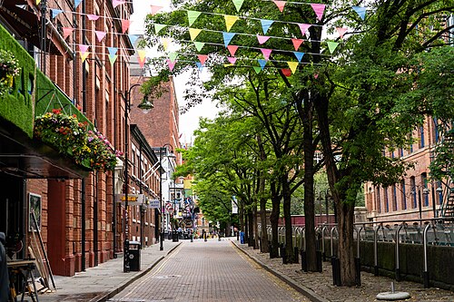 A cobbled pedestrian lane under strings of coloured bunting, a green astroturf awning hung with flower baskets on the left and red brick buildings receding toward a hotel sign.