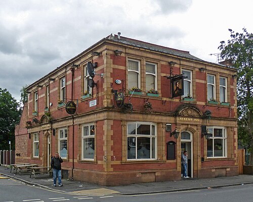 A red brick Victorian corner pub at Aspinall Street, gold lettering reading Albert Inn over the door and hanging Guinness and Amstel signs under the upper windows.
