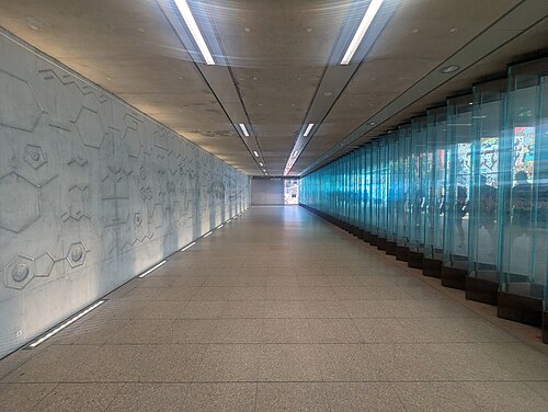 The underpass at Hackney Wick station, a long concrete corridor with chemical structures pressed into the left hand wall and a run of green glass fins on the right.