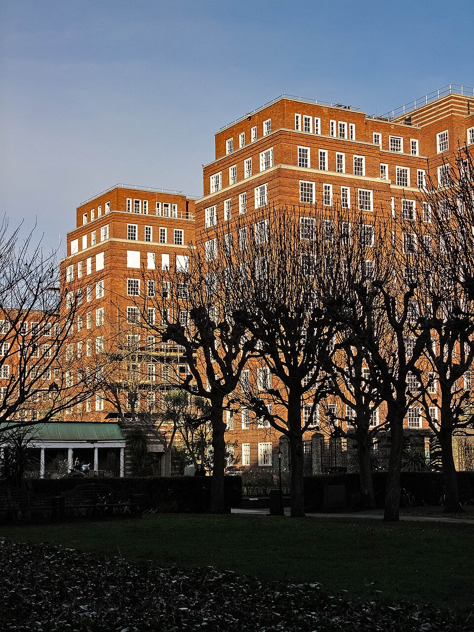 Dolphin Square's red brick blocks rising nine storeys behind bare trees, white window surrounds and a curved corner tower catching the evening light.