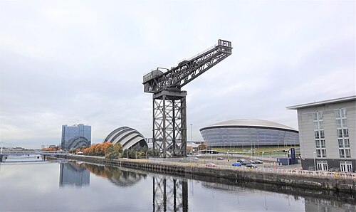 The Finnieston Crane on the quay with the Clyde in front of it, the SEC Armadillo to the left and the Hydro to the right.