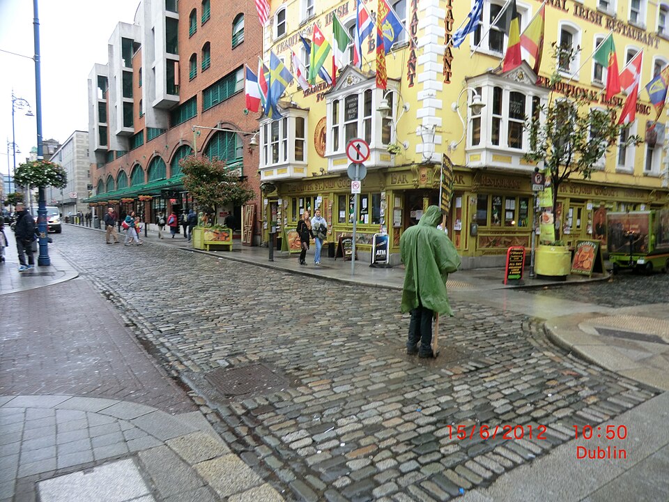 A painted corner shopfront on a cobbled Temple Bar street, not the building in the scene.