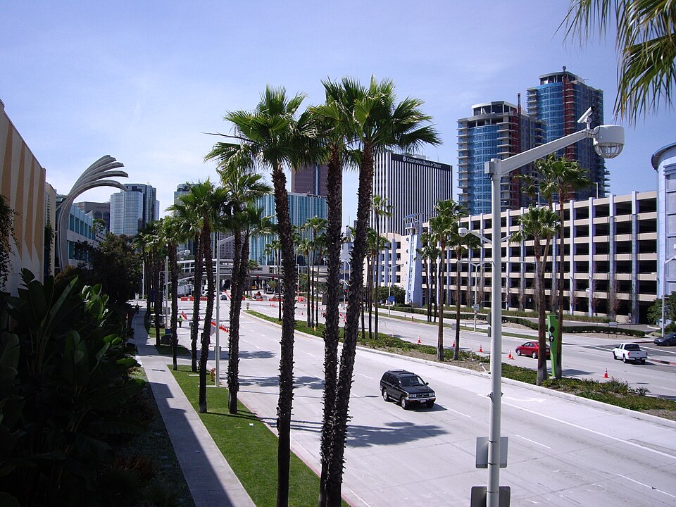 A wide downtown street lined with tall palms, the California Bank and Trust tower and a glass residential high-rise under construction beyond it.