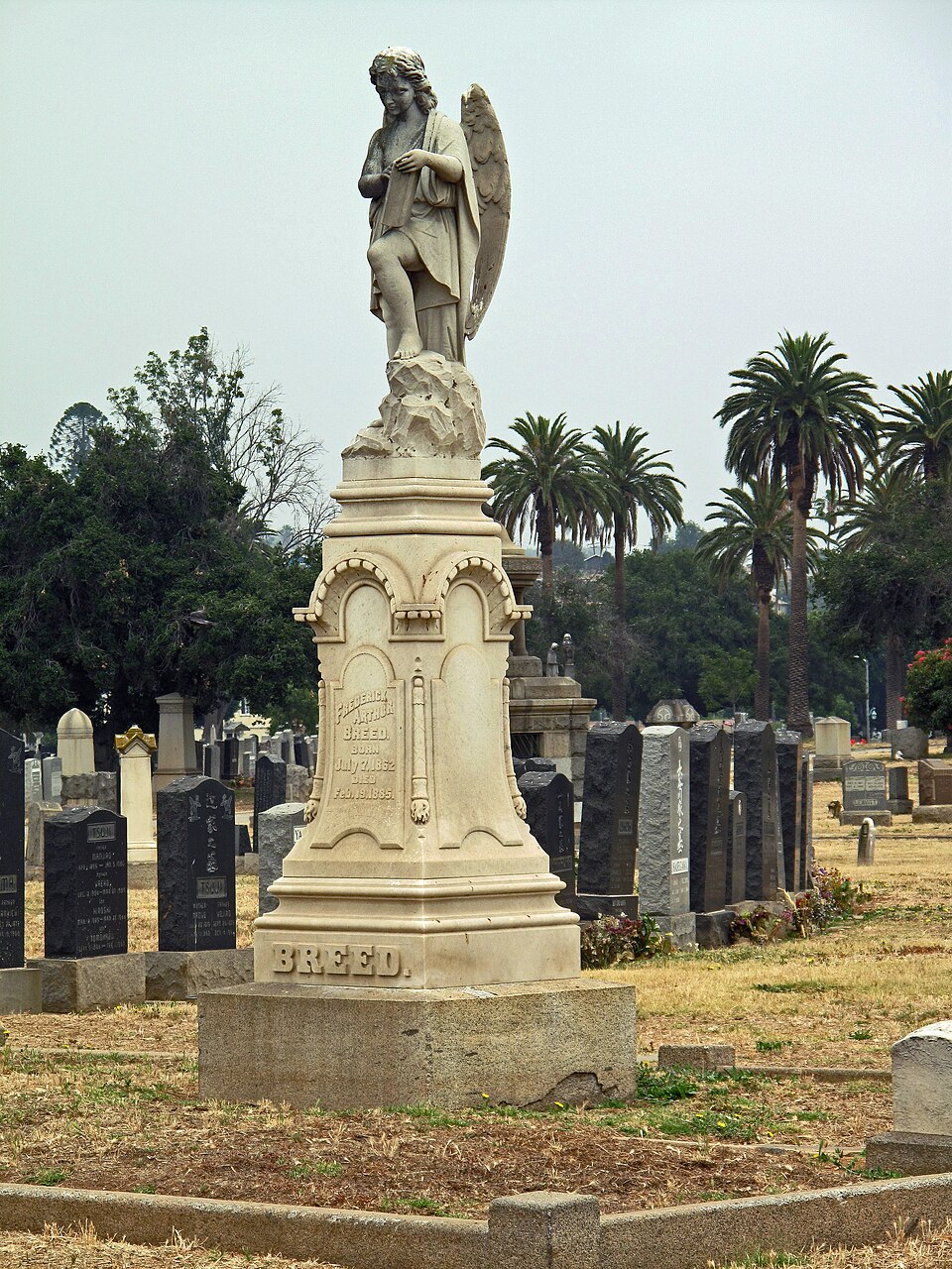 A marble angel monument in Evergreen Cemetery, palm trees and rows of headstones around it.