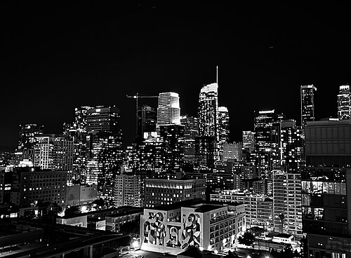 Downtown Los Angeles at night in black and white, office towers lit up against the dark sky.