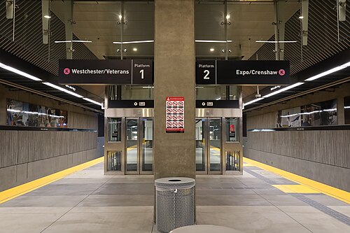 The platform at the Martin Luther King Jr. Metro station on the K Line, twin exit doors under a concrete ceiling.