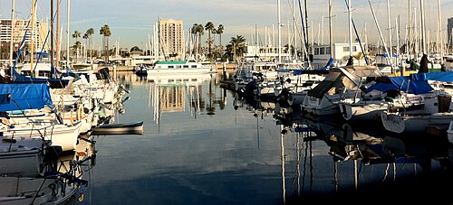 A narrow basin channel between two docks of moored sailboats, a single high rise tower and palm trees at the far end, boats reflected in still water.