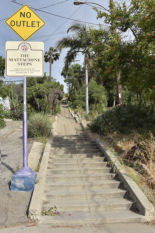 The Mattachine Steps, with the plaque naming Harry Hay at the bottom of the stairway.