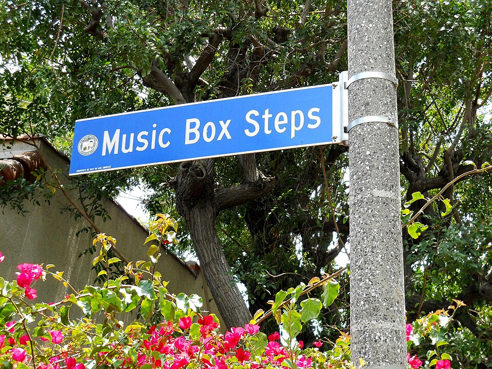 The official City of Los Angeles street sign for the Music Box Steps, at the top of the stairway on Descanso Drive.
