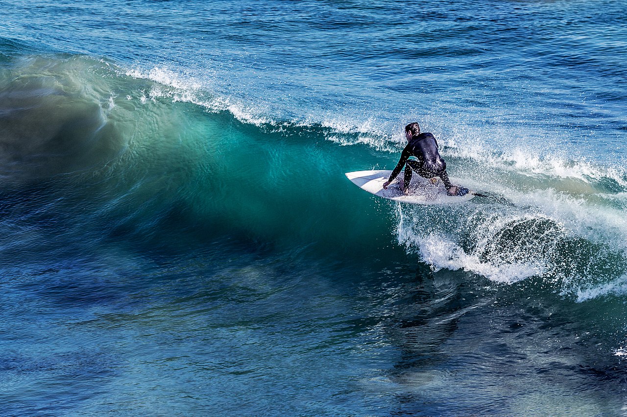 A surfer dropping into a breaking wave, the wave curling green over blue water.
