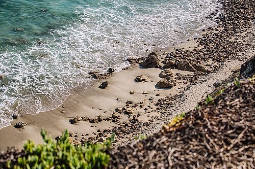 A small sandy cove between rocks, seen from above, with succulents growing at the cliff edge in the foreground.