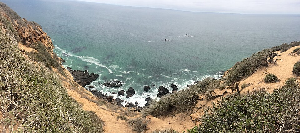 A gully of scrub and sand dropping from the headland to a small cove, black rocks breaking the waves at the bottom.
