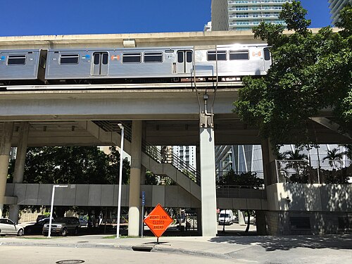 The elevated Metrorail track structure from ground level, a silver train overhead, concrete support pillars and towers behind.