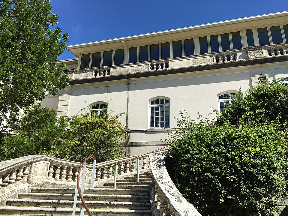 A stone staircase with a turned balustrade rising to the arched windows of the clubhouse, greenery and a handrail at the sides.