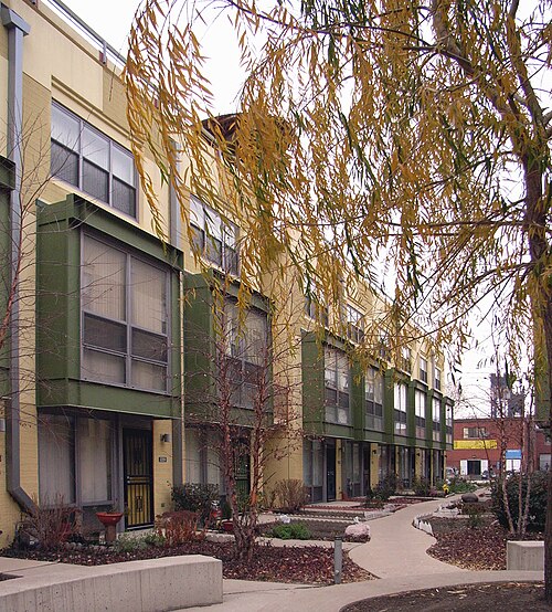 Archer Courts, a courtyard block of yellow brick and green panelled townhouses along a concrete walkway, willow branches overhead.