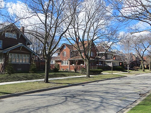 A Jackson Park Highlands street, large brick houses set well back behind wide front lawns and bare trees.