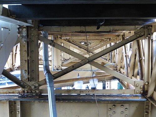 The steel trusswork underneath the Blue Line's elevated Damen station, girders and rivets close up.