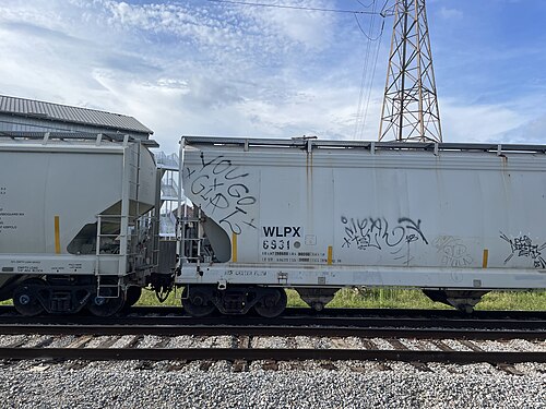 Covered hopper cars standing on the riverside track at Crescent Park, tagged along the side, with a transmission tower behind them.