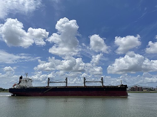 A loaded bulk carrier on the Mississippi passing the neighborhood, with a steel truss bridge in the distance behind it.