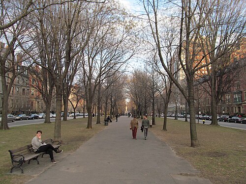 The Commonwealth Avenue Mall's gravel path under bare trees, a bench at the side and matching brownstone rows facing the mall from both sides.