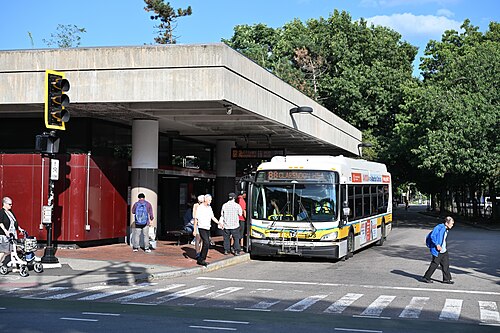 A concrete canopy over the Red Line busway, a bus at the curb and pedestrians under the shelter.