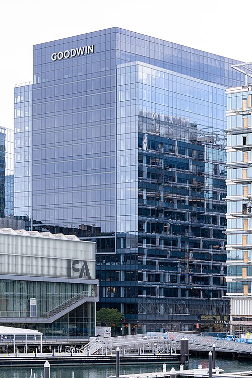 A glass office tower marked GOODWIN at its corner, seen across a marina with docks and a glass walkway building at its base.