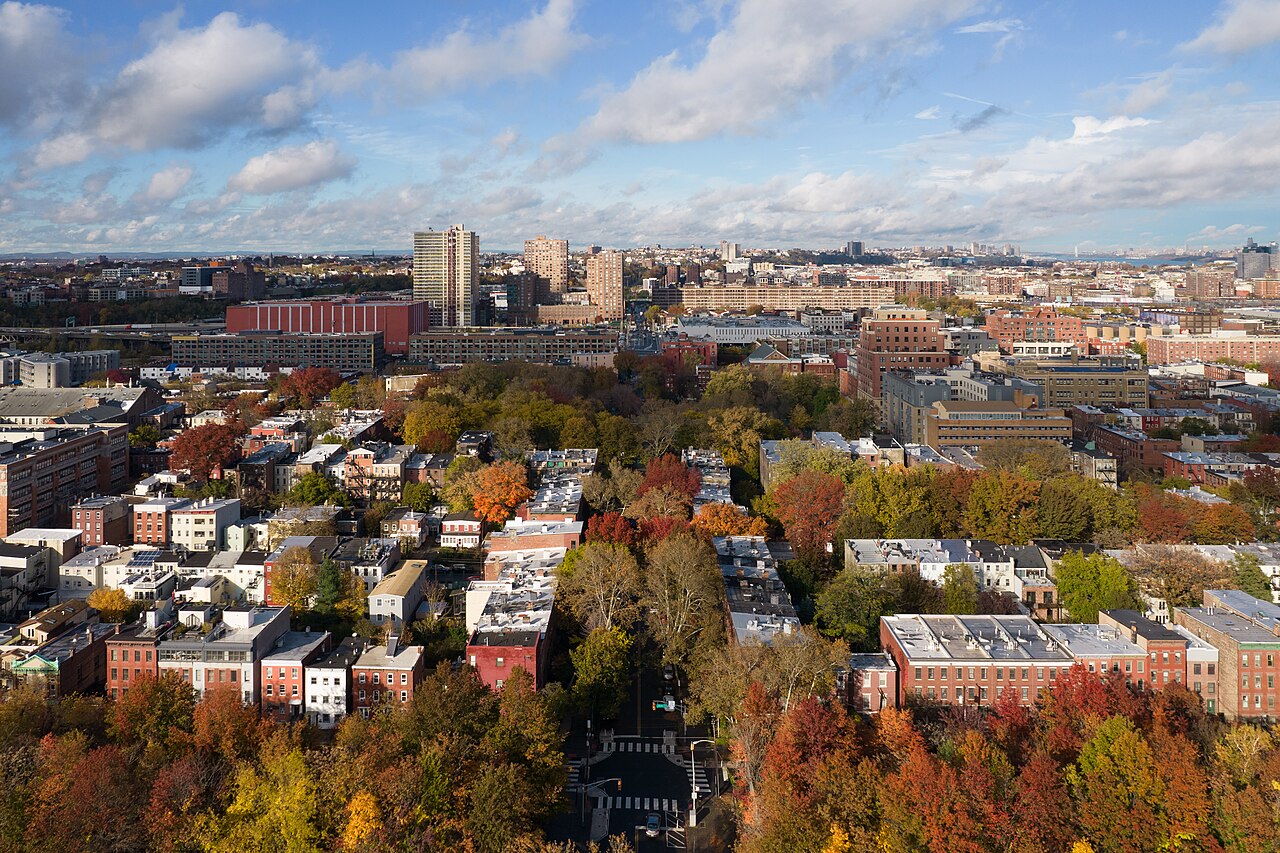 A high aerial view over the rowhouse grid, dense brick blocks with autumn foliage and towers in the distance.