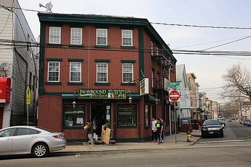 A red brick corner building with dark green trim, the Ironbound Pet Shop's sign over the storefront and a fire escape above.