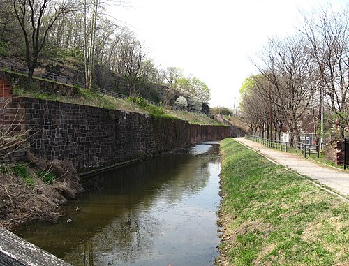 The Middle Raceway, a stone walled canal with a paved path and iron railing running alongside it.