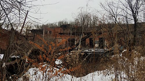 A roofless brick mill shell, its walls standing open to the sky and overgrown with brush and vines.