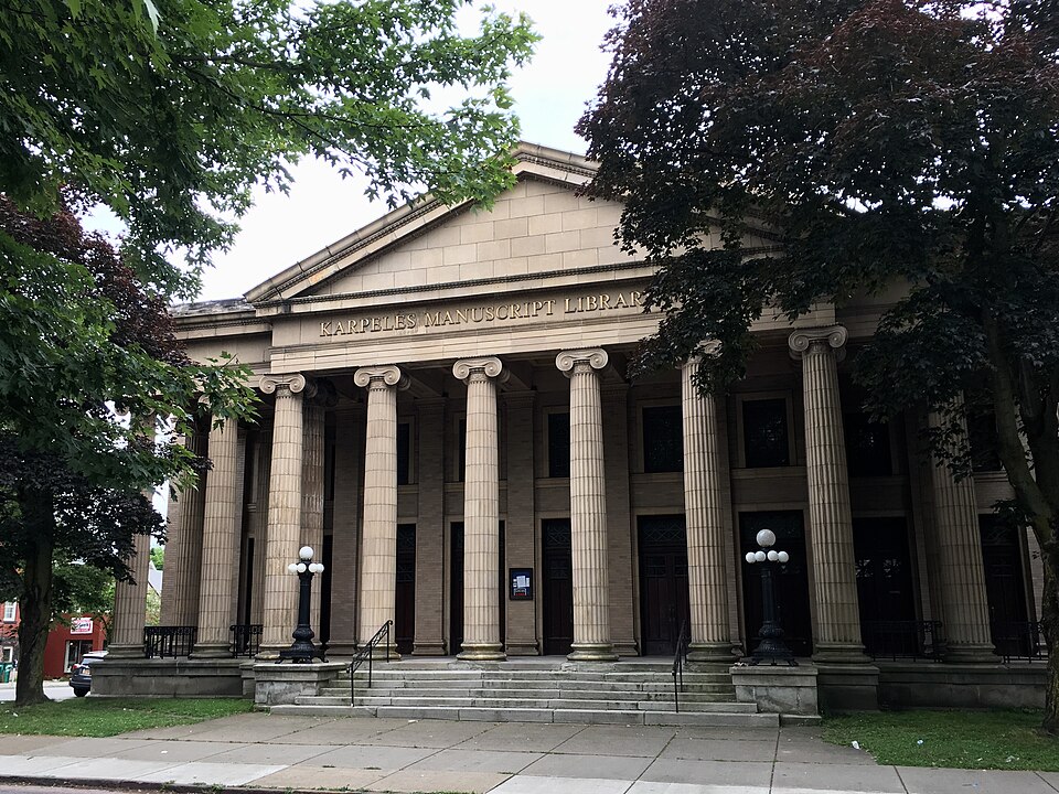 The colonnaded pediment and Ionic portico of North Hall, the former First Church of Christ, Scientist, at Elmwood Avenue and North Street.