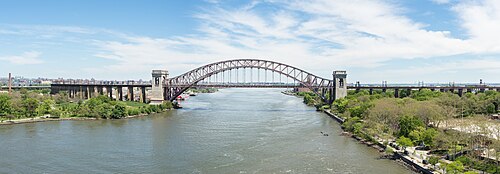 Hell Gate Bridge's steel arch spanning the East River.