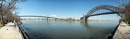The Astoria Park waterfront, the Triborough left and the Hell Gate arch right.