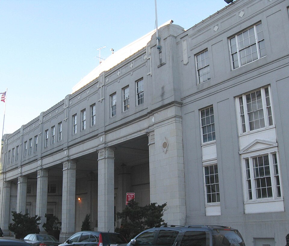 The colonnaded 35th Avenue facade of Kaufman Astoria Studios.