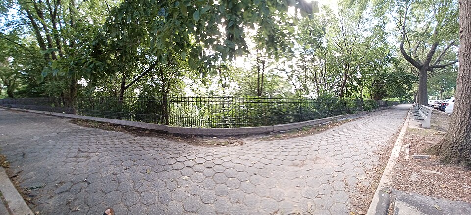 The promenade in Shore Road Park, hexagonal paving under the trees with an iron fence along the edge and benches on the far side.