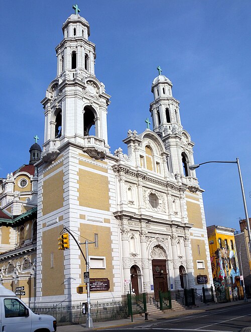 Saint Barbara's Roman Catholic Church at Bleecker Street and Central Avenue, seen looking east on a sunny afternoon.