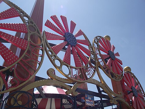 Luna Park's entrance gate from below, gold scrollwork and red rosettes.