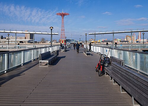 Steeplechase Pier looking shoreward, the Parachute Jump centred over the amusement skyline.