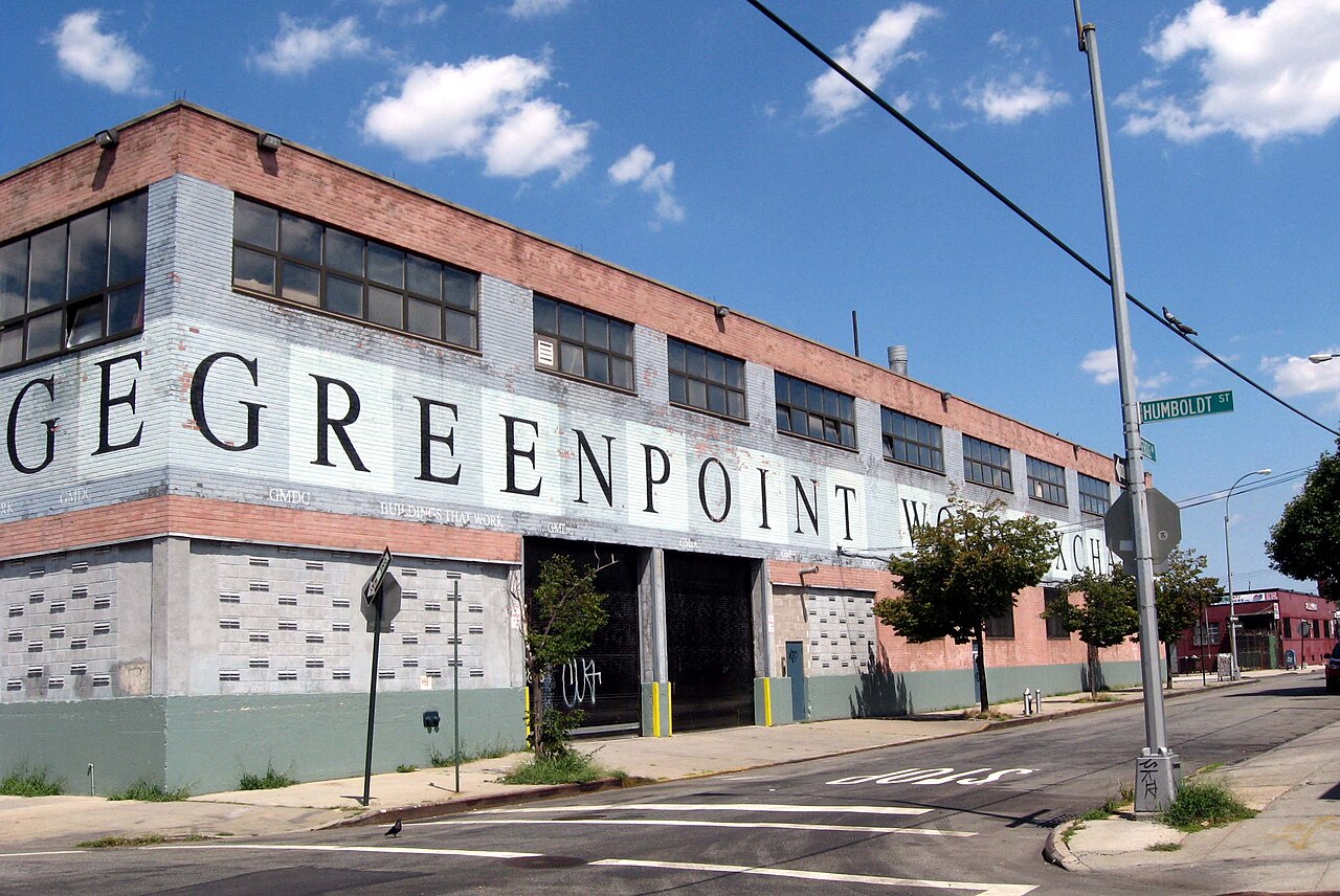 The GMDC warehouse painted GREENPOINT at Humboldt Street and Meserole Avenue.