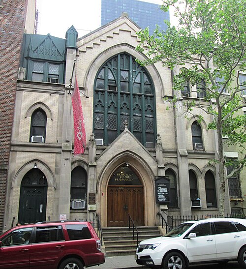 New Dramatists at 424 West 44th Street, a Gothic Revival church of the 1880s with a pointed arch window over the door.